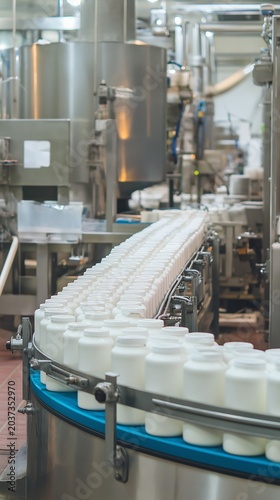 dairy factory's automated milk production line. White milk cartons traveling on a conveyor belt against the backdrop of machinery and industrial stainless steel tanks