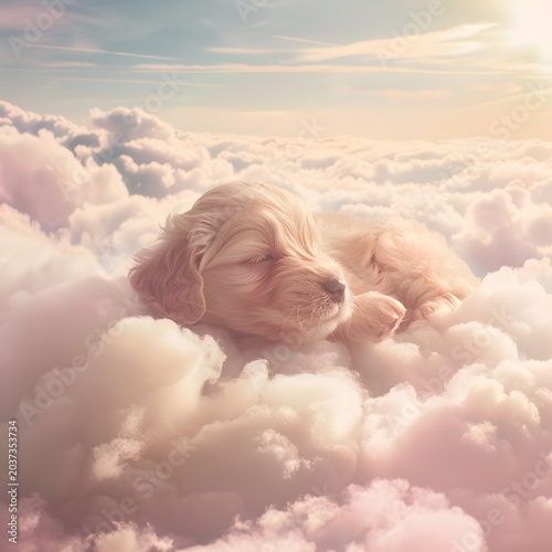 cute fluffy puppy floating among soft clouds in pastel sky, dreamy atmosphere, gentle sunlight, whimsical concept, ultra soft lighting, high detail, commercial stock style