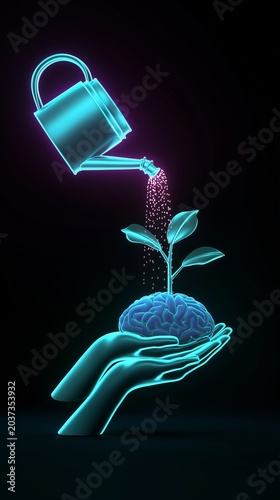 A neon watering can pouring light illuminates abstract future hands supporting a brain with a sprout, signifying a growth attitude and ongoing education.
