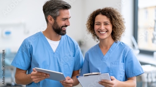 Two healthcare professionals in blue scrubs smiling and holding tablets inside a modern dentist office with dental equipment and bright lighting in the background