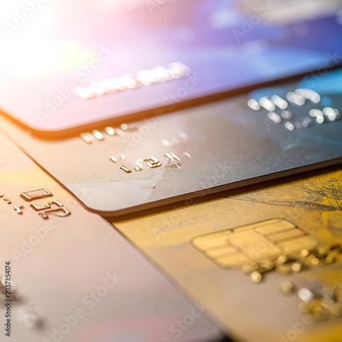 A close-up of stacked credit cards with shiny surfaces and embossed text