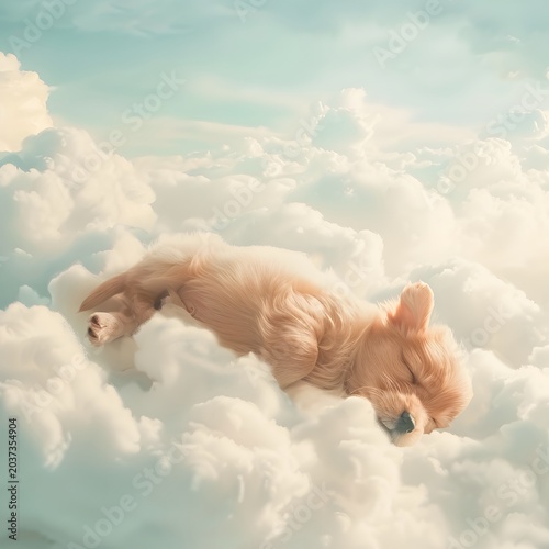 cute fluffy puppy floating among soft clouds in pastel sky, dreamy atmosphere, gentle sunlight, whimsical concept, ultra soft lighting, high detail, commercial stock style