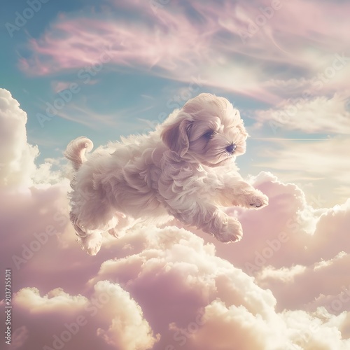 cute fluffy puppy floating among soft clouds in pastel sky, dreamy atmosphere, gentle sunlight, whimsical concept, ultra soft lighting, high detail, commercial stock style