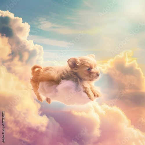 cute fluffy puppy floating among soft clouds in pastel sky, dreamy atmosphere, gentle sunlight, whimsical concept, ultra soft lighting, high detail, commercial stock style