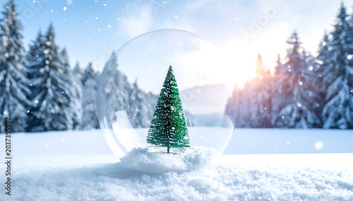 A miniature Christmas tree inside a snowglobe on a snowy landscape