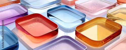 Colorful abstract glass rectangles in a modern geometric pattern with translucent glossy surfaces