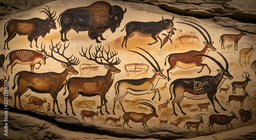 Ancient Cave Painting of Prehistoric Animals in Natural Earth Tones and Ochre