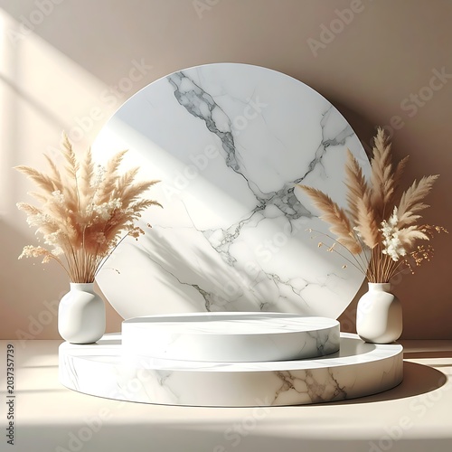 A minimalist display with a marble disc and two vases