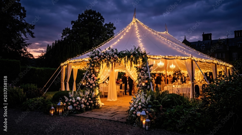 Fototapeta premium Elegant outdoor event tent adorned with lights and flowers, creating a magical atmosphere.