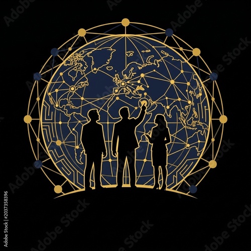 Global FinTech Network Silhouette Vector Logo, Business Professionals Team Icon in Glowing Gold Blockchain Grid
