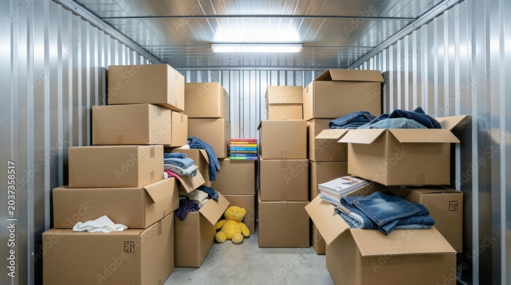 Fototapeta premium Metallic self-storage unit filled with stacked cardboard boxes, folded clothes, books, and a yellow plush toy under fluorescent lighting, moving and storage concept