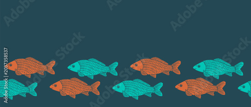 Photography Seamless carp fish border pattern in bright turquoise and orange colors on dark blue background