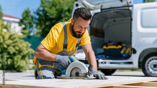 Skilled handyman is precisely cutting wooden plank with a circular saw, working on a construction project in sunny weather
