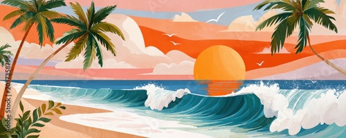 Vibrant tropical sunset beach illustration with palm trees, waves and a glowing sun over ocean