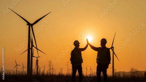 Engineers team giving high five at sunset wind farm, celebrating success in renewable energy project