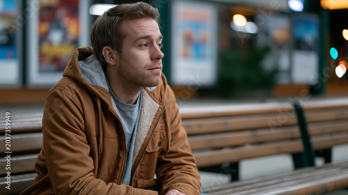 Young man reflecting while sitting alone on an empty park bench at a train station platform, contemplating thoughts during a quiet urban evening, wearing winter outerwear