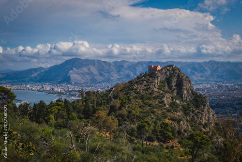 View on Palermo from Belvedere Montepellegrino, Italy skyline overlooking the port in the afternoon.