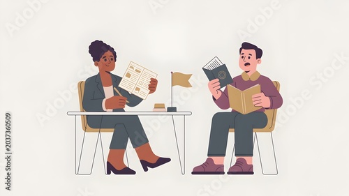 Job Interview Scene with Nervous Candidate Reading Resume at Desk