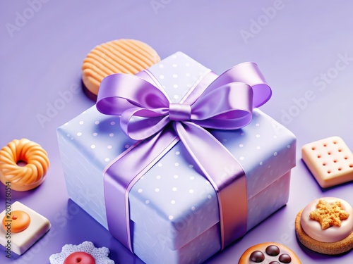 Purple Gift Box with Ribbon and Pastries