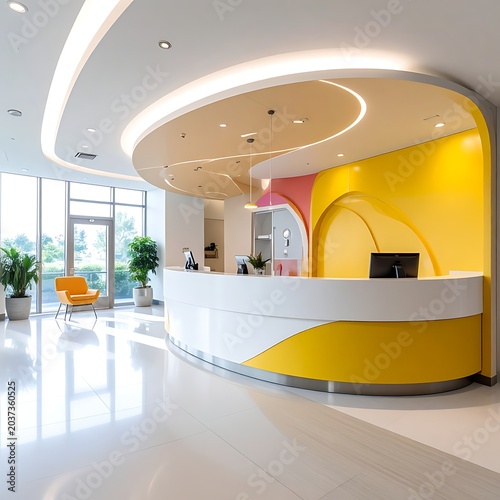 A modern, brightly lit reception area with a curved white and yellow desk