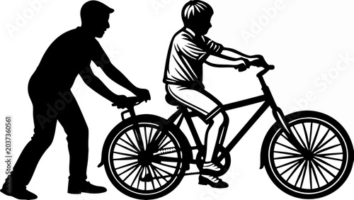 Father Teaching Son to Ride Bicycle Silhouette Vector