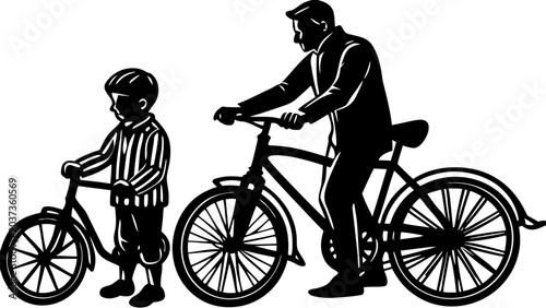 Father Teaching Son to Ride Bicycle Silhouette Vector