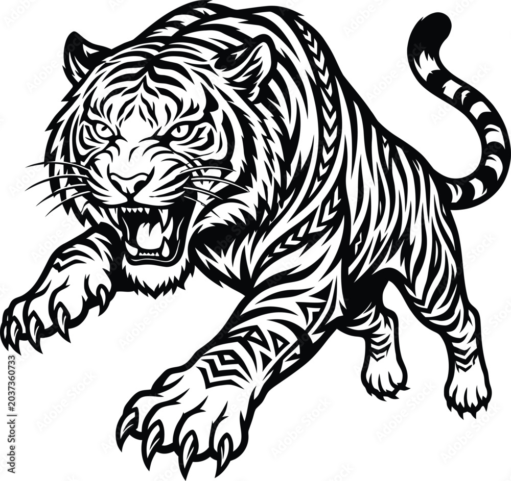 Fototapeta premium Aggressive pouncing tiger illustration with tribal patterned fur details