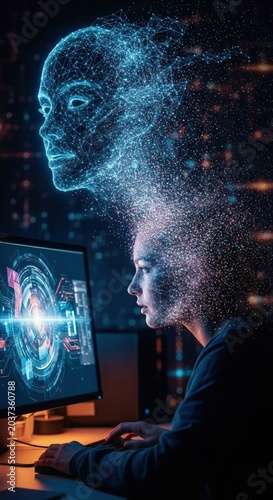 Young woman sitting at a glowing computer screen with a luminous blue wireframe AI digital face made of connected nodes and particles emerging above her head in a dark futuristic environment