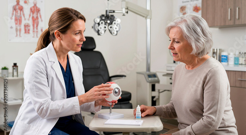 Ophthalmologist explaining eye anatomy to senior patient using model. Female eye doctor discussing vision health with elderly woman in clinic