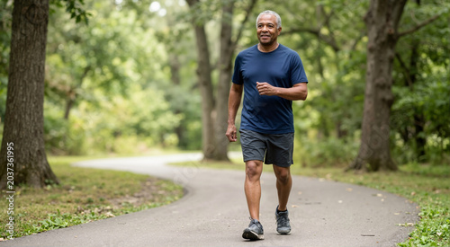 Active senior African American man walking briskly on a paved path in a green park. Older male exercising outdoors for cardiovascular health and fitness