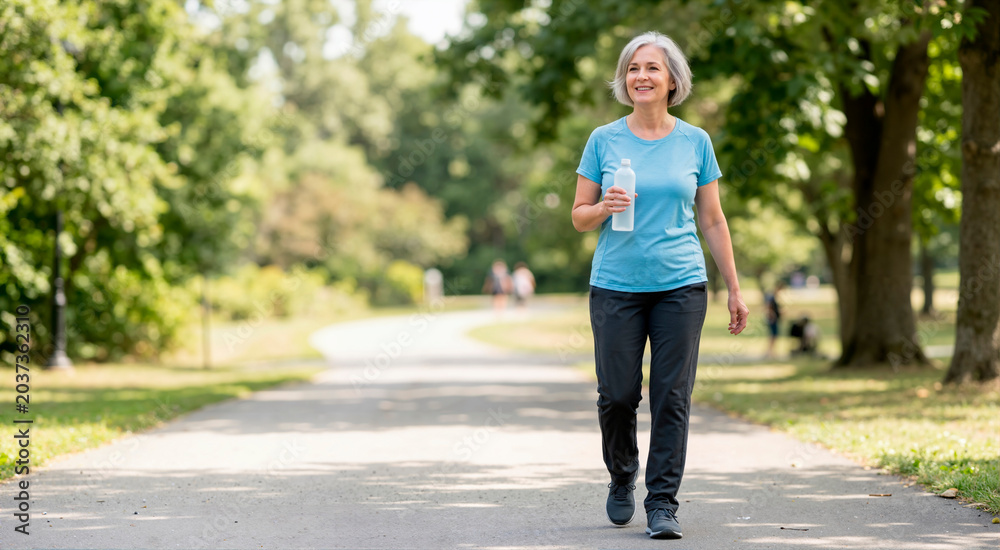 Obraz premium Active senior woman walking in a sunny park holding a water bottle. Healthy older female engaging in daily cardiovascular exercise for weight loss and metabolic health