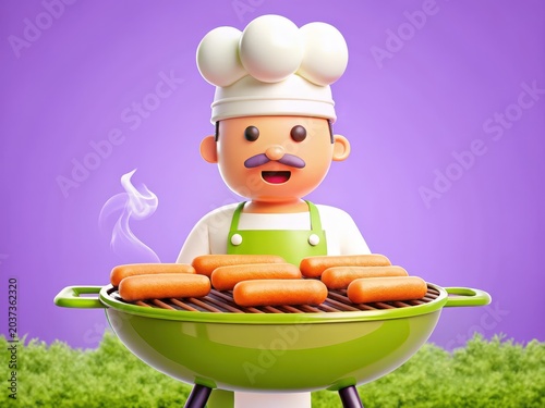 Chef Character with Hot Dogs on Grill