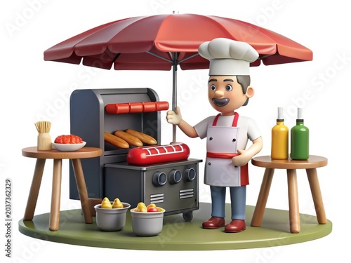 3D Illustration of a Chef Cooking Hot Dogs