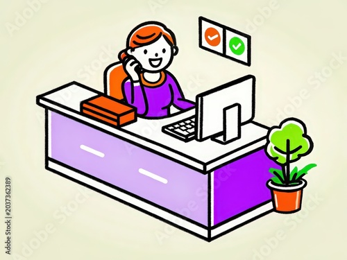 Female Office Worker with Computer and Plant