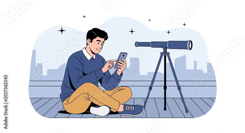 Man with Telescope and Smartphone - Astronomy Hobbyist