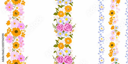 Bild auf Leinwand Floral stripe pattern with roses and wildflowers vector illustration