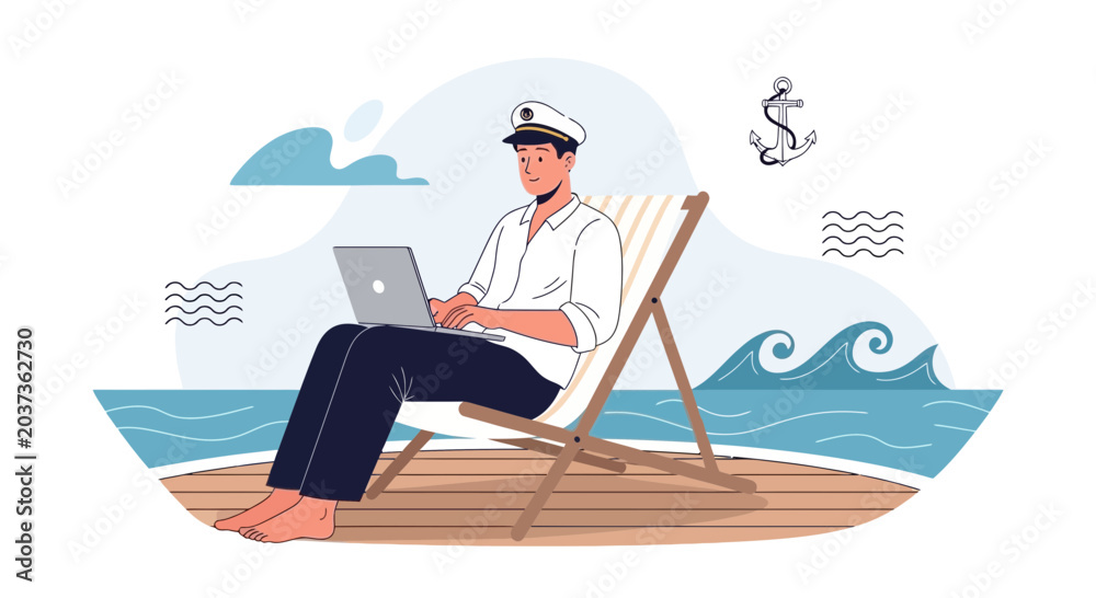 Fototapeta premium Man wearing captain hat working on laptop on beach chair by the ocean waves