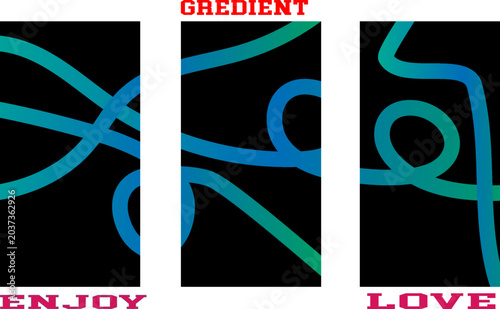 Photos Abstract triptych with blue teal looping lines and text elements obedient enjoy