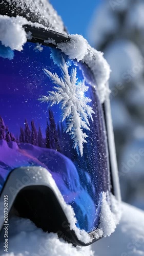 Macro reflection of snowflake on blue ski goggles.