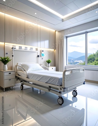 A modern hospital room with a large window