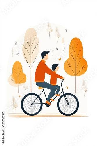 Father and son riding bicycle in autumn with trees in background