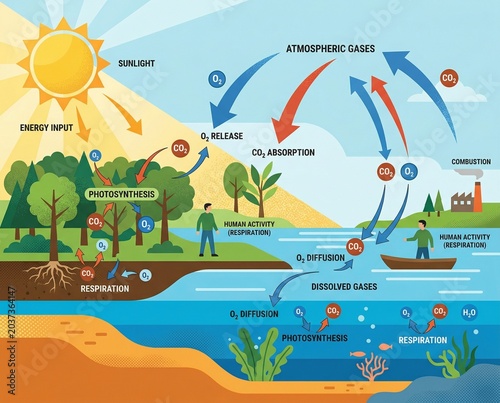 Educational Diagram of Carbon and Oxygen Cycle in Ecosystem Vector Illustration