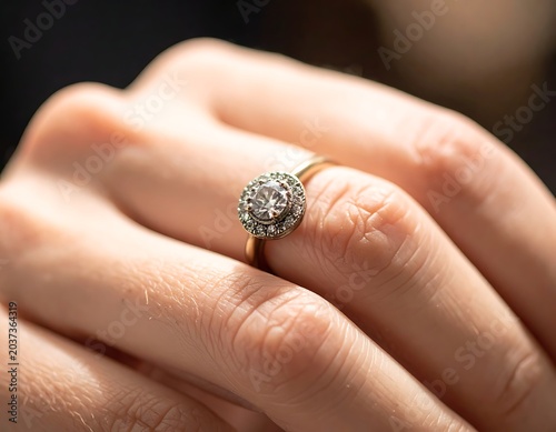 A hand showcasing a ring with a large central gemstone