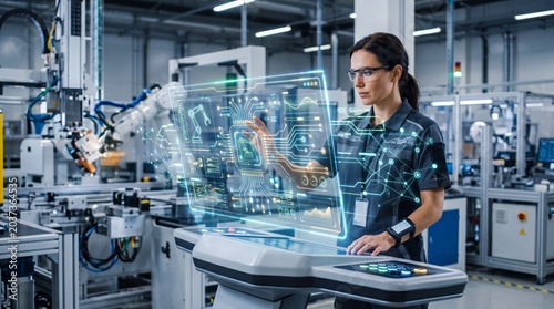 Engineer interacting with futuristic holographic display in a modern factory.