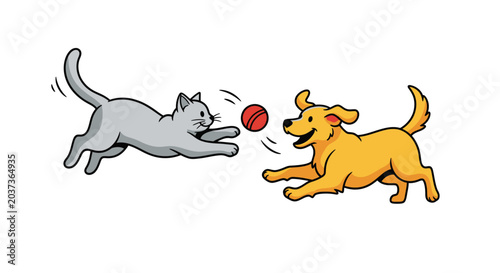 Cartoon dog and cat playing fetch.