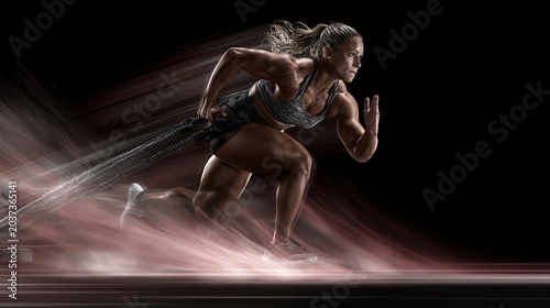 Powerful muscular female athlete sprinting with a sled pull harness showing explosive movement and dynamic motion blur on a dark background.