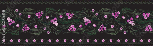 Border vector seamless pattern from purple berries and dark leaves on a black background 