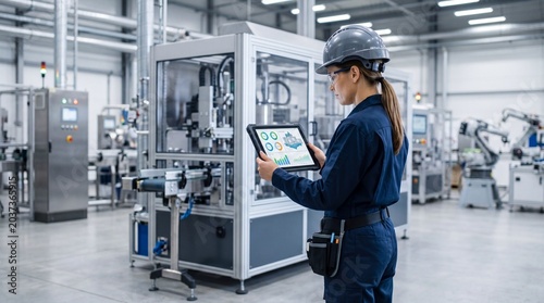 5G technology remote maintenance diagnostics industrial equipment concept. Engineer using tablet to monitor machinery in a modern industrial factory setting.