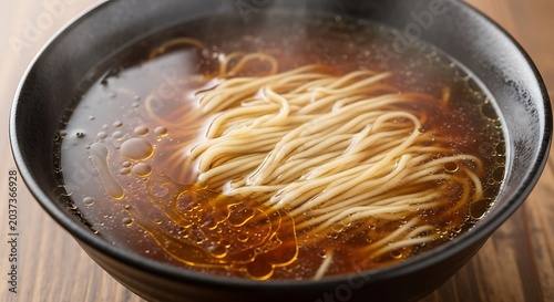 A closeup of a bowl of japanese ramen noodle soup with a clear soy saucebased broth and oil droplets, served in a black ceramic bowl on a wooden table