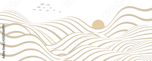 Vector abstract art landscape mountain with birds and sunrise sunset by golden line art texture isolated on transparent background.